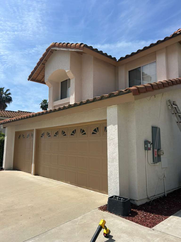 Garage doors and front entry exterior repaint — Riverside, CA